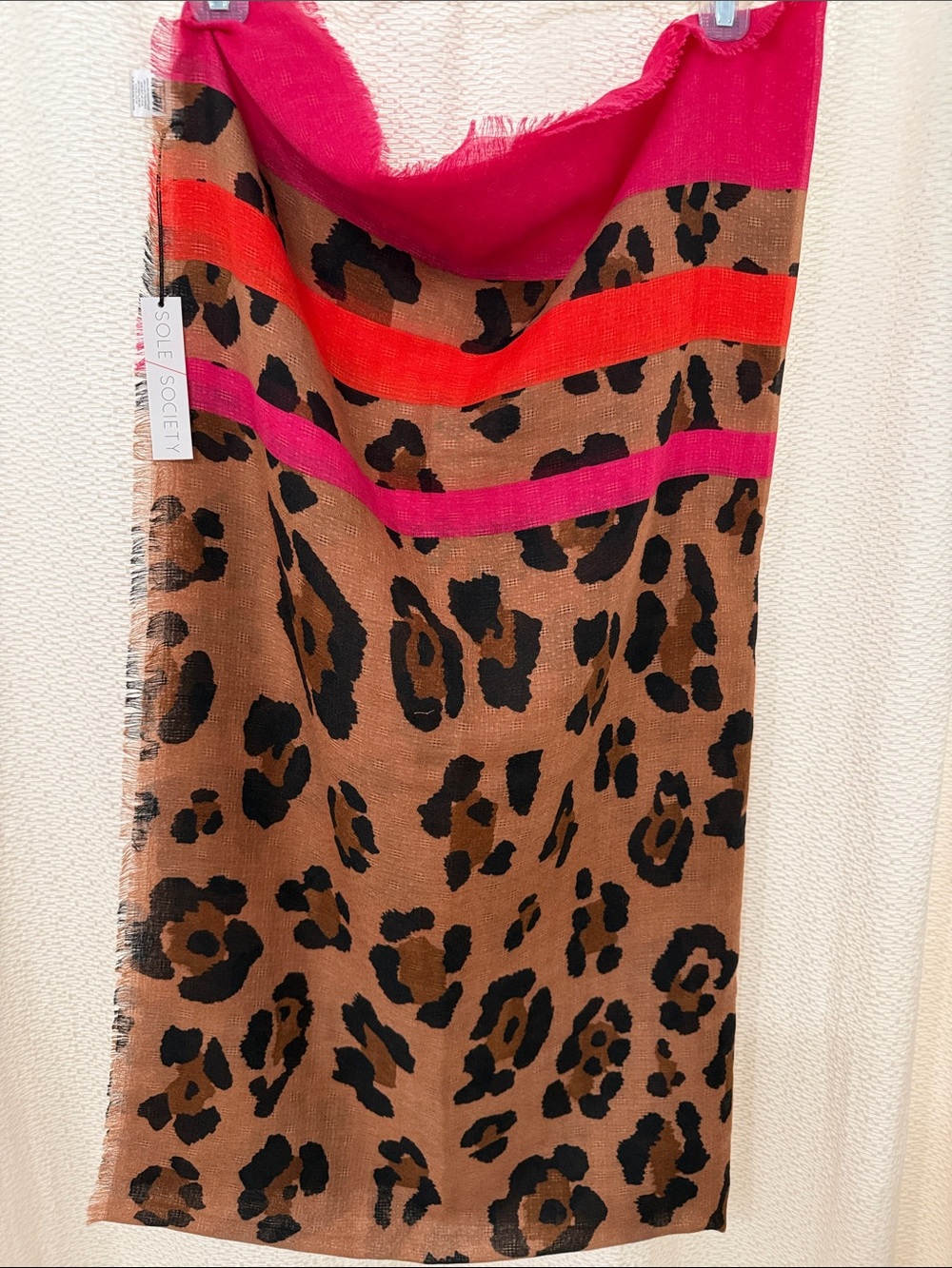 NWT Sole Society Leopard Print Scarf/Throw with Pink & Orange Stripes